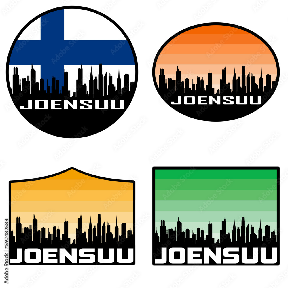 Joensuu Skyline Silhouette Finland Flag Travel Souvenir Sticker Sunset Background Vector Illustration SVG EPS AI