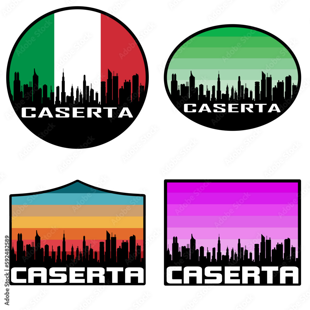 Caserta Skyline Silhouette Italy Flag Travel Souvenir Sticker Sunset Background Vector Illustration SVG EPS AI