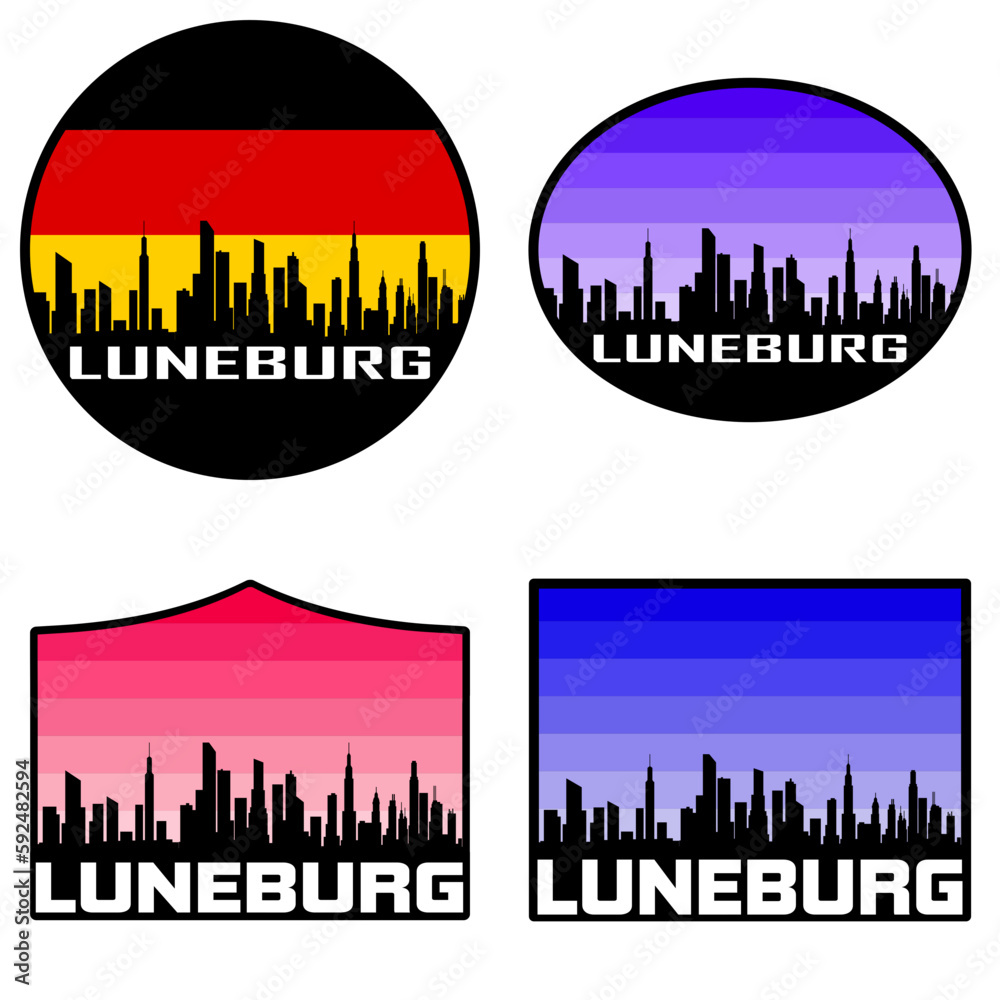 Luneburg Skyline Silhouette Germany Flag Travel Souvenir Sticker Sunset Background Vector Illustration SVG EPS AI