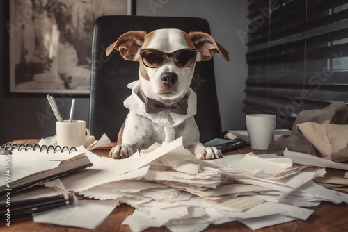 Photo jack russell terrier sitting in the office in sunglasses with documents