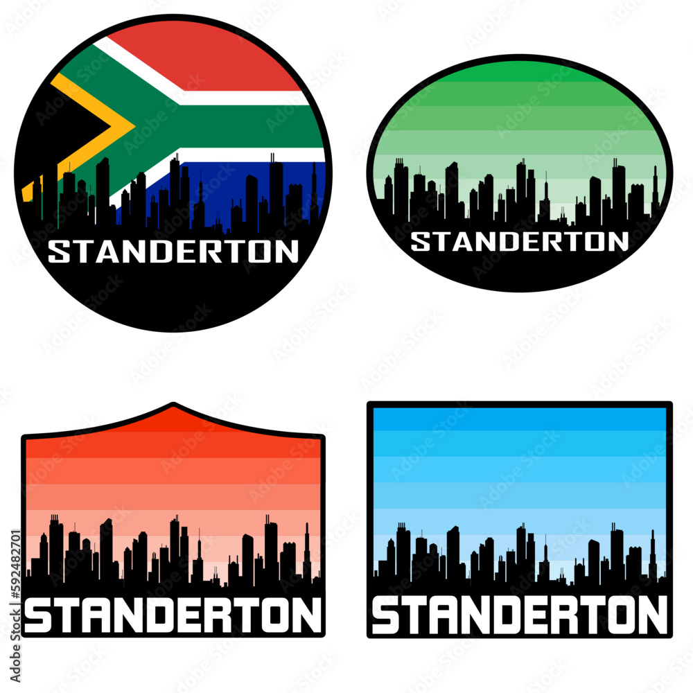 Standerton Skyline Silhouette South Africa Flag Travel Souvenir Sticker Sunset Background Vector Illustration SVG EPS AI