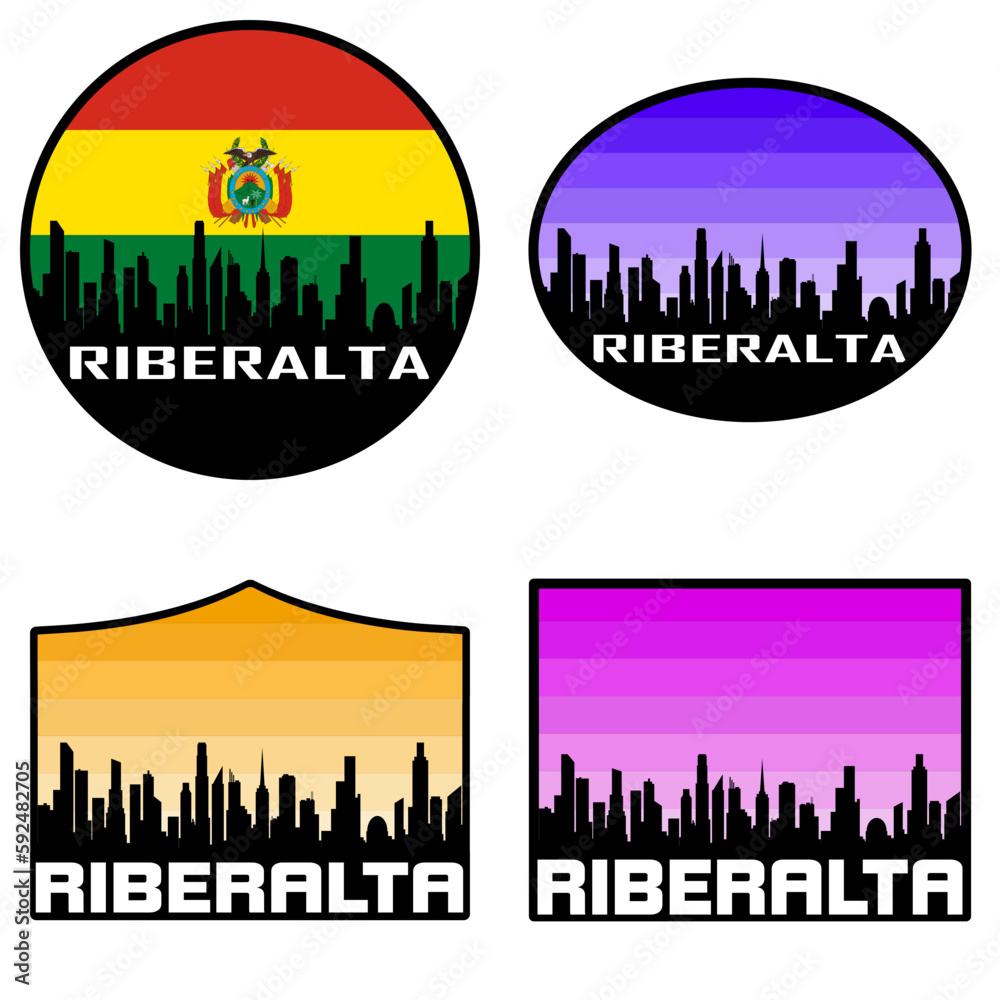 Riberalta Skyline Silhouette Bolivia Flag Travel Souvenir Sticker Sunset Background Vector Illustration SVG EPS AI