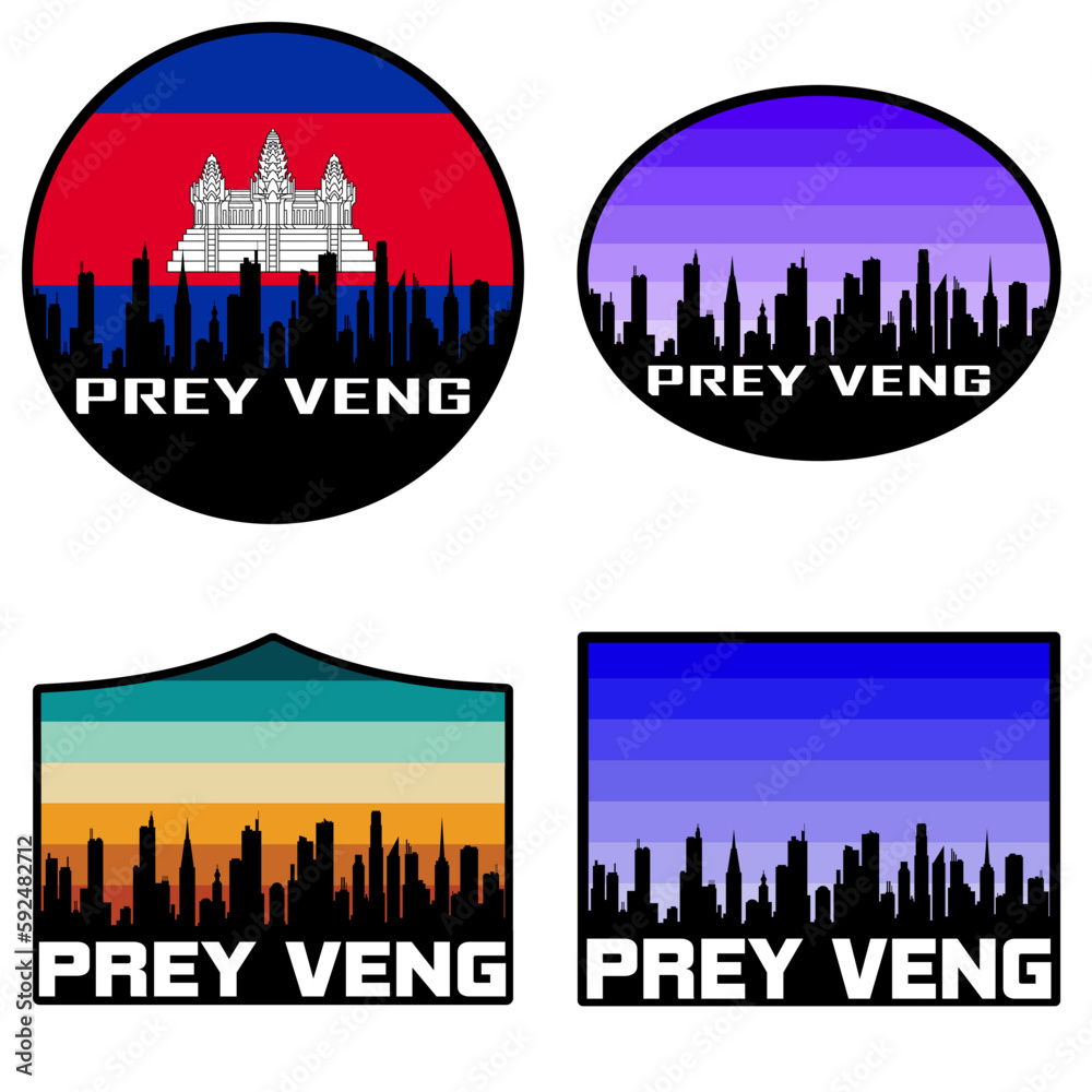 Prey Veng Skyline Silhouette Cambodia Flag Travel Souvenir Sticker Sunset Background Vector Illustration SVG EPS AI