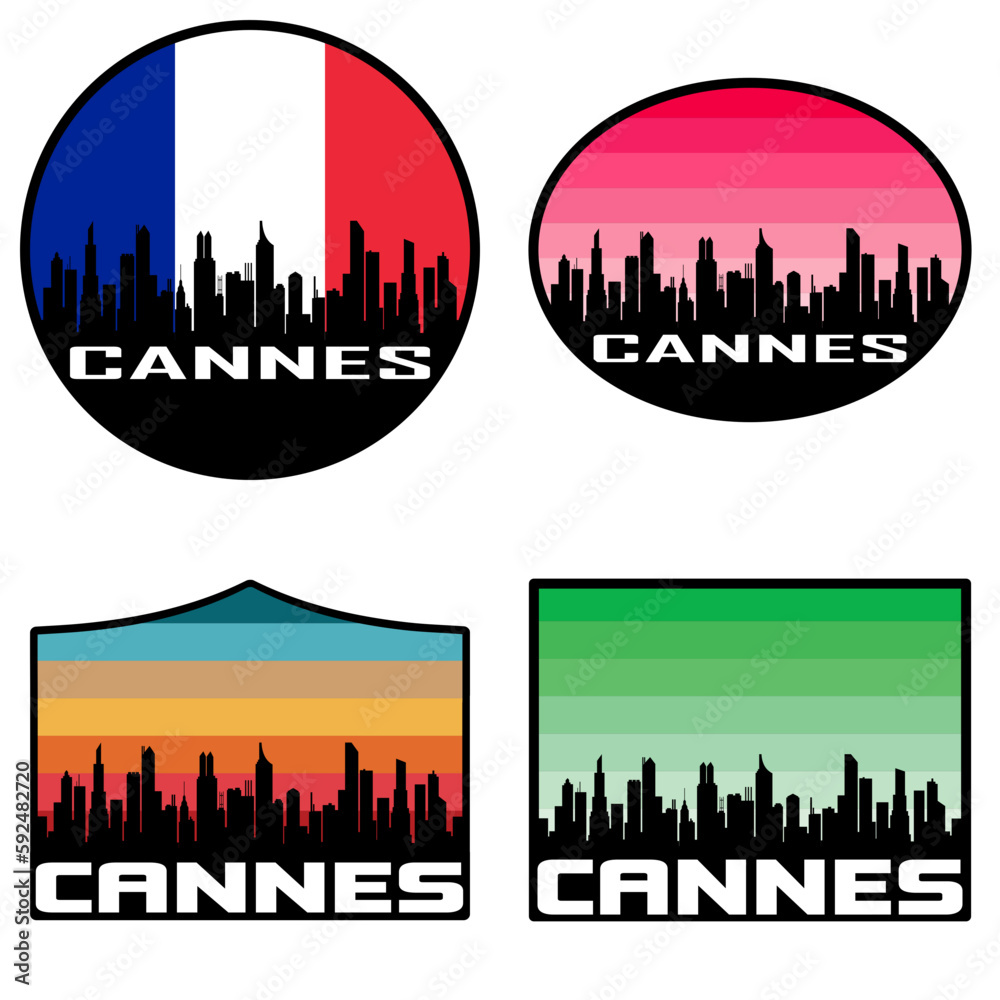 Cannes Skyline Silhouette France Flag Travel Souvenir Sticker Sunset Background Vector Illustration SVG EPS AI