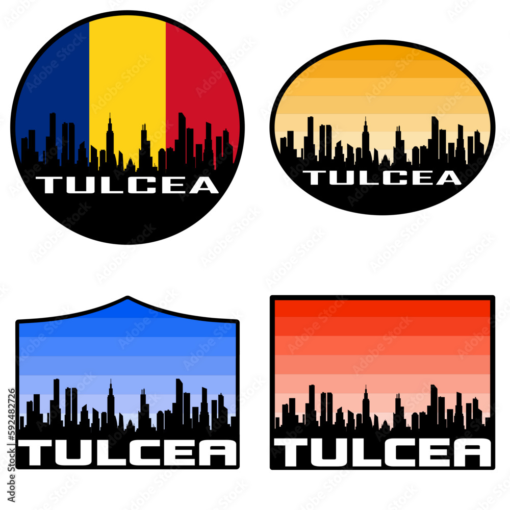 Tulcea Skyline Silhouette Romania Flag Travel Souvenir Sticker Sunset Background Vector Illustration SVG EPS AI