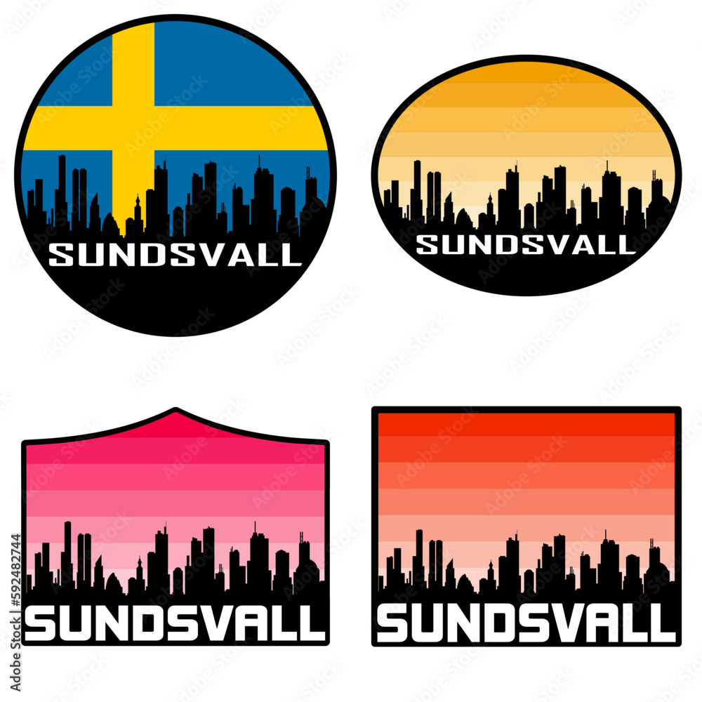 Sundsvall Skyline Silhouette Sweden Flag Travel Souvenir Sticker Sunset Background Vector Illustration SVG EPS AI