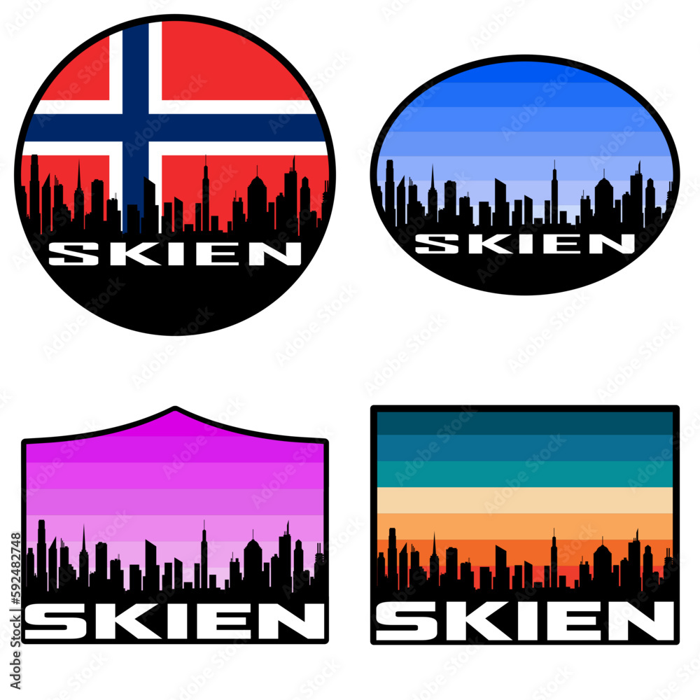 Skien Skyline Silhouette Norway Flag Travel Souvenir Sticker Sunset Background Vector Illustration SVG EPS AI