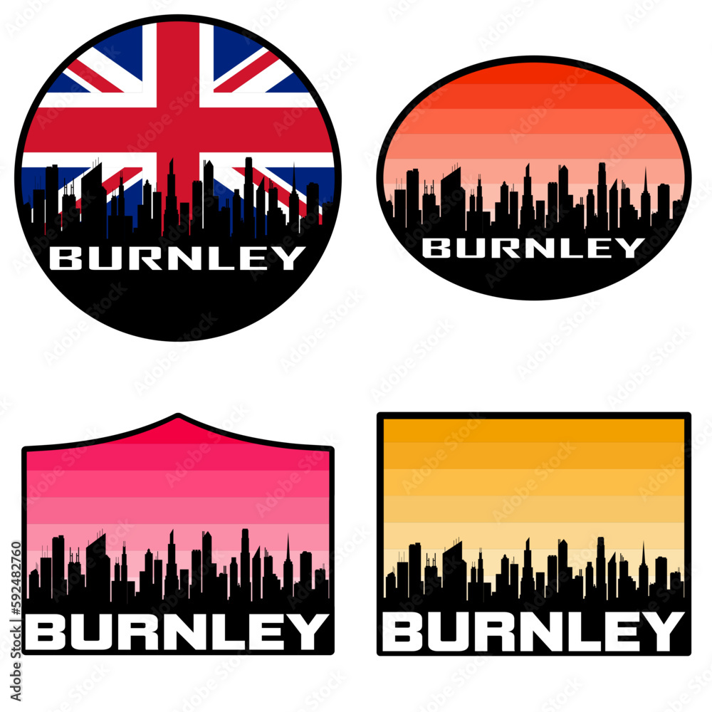 Burnley Skyline Silhouette Uk Flag Travel Souvenir Sticker Sunset Background Vector Illustration SVG EPS AI