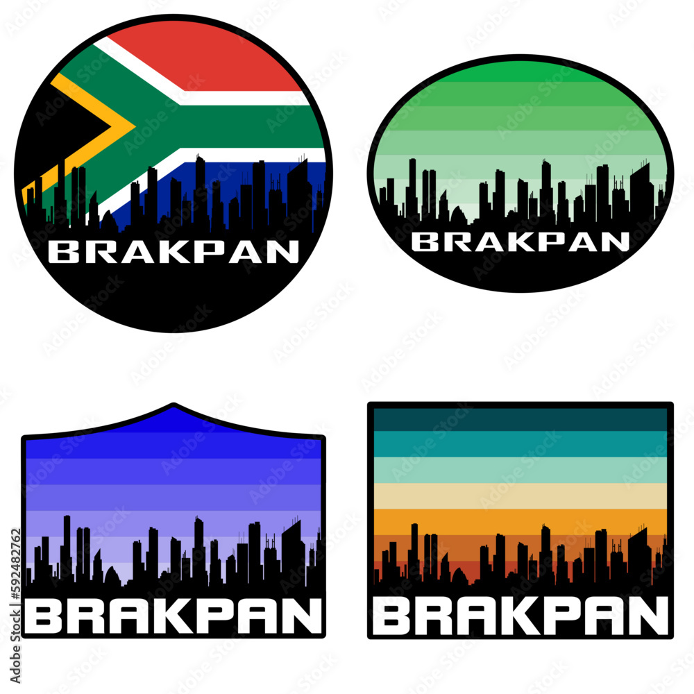 Brakpan Skyline Silhouette South Africa Flag Travel Souvenir Sticker Sunset Background Vector Illustration SVG EPS AI