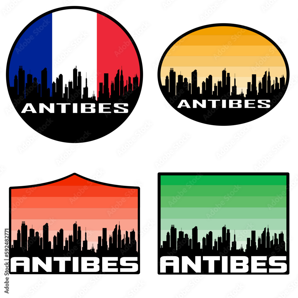 Antibes Skyline Silhouette France Flag Travel Souvenir Sticker Sunset Background Vector Illustration SVG EPS AI
