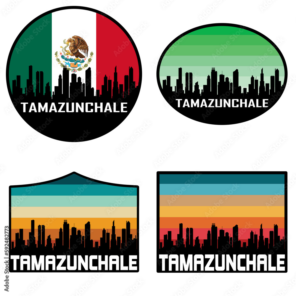 Obraz premium Tamazunchale Skyline Silhouette Mexico Flag Travel Souvenir Sticker Sunset Background Vector Illustration SVG EPS AI