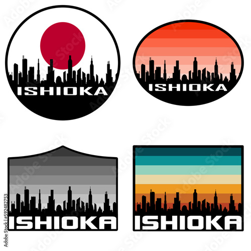 Ishioka Skyline Silhouette Japan Flag Travel Souvenir Sticker Sunset Background Vector Illustration SVG EPS AI photo