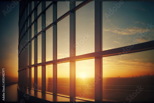 Golden sunset view window from office building with cityscape. Flawless Generative AI