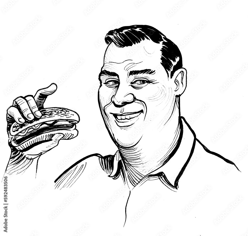 Happy overweight man eating hot dog. Retro styled ink black and white