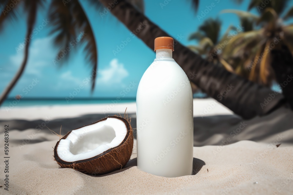 coconut and bottle with free space for logo on the beach coconut and bottle with free space for logo on the beach