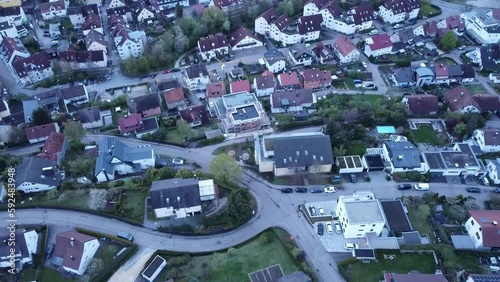 Colorful aerial video of small German village houses.