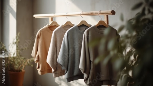 Сotton tops sweatshirts in natural tones on wooden shelf in bright room. Generative AI.