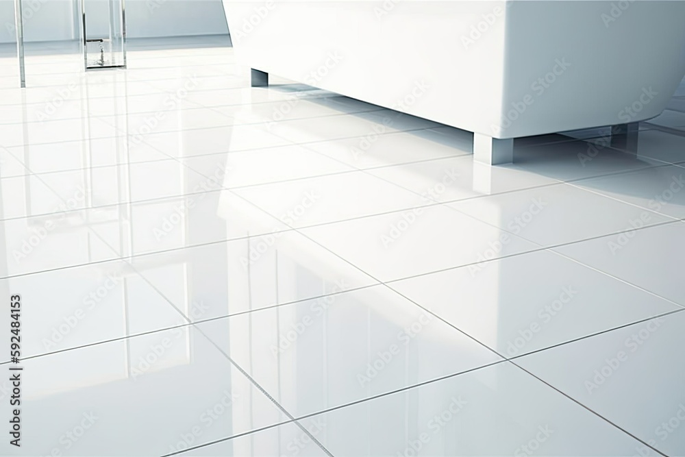 White ceramic tiles in bathroom flooring. Photo generative AI - obrazy, fototapety, plakaty 