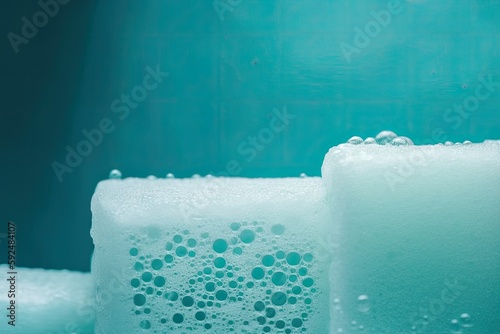Close-up of Soap Suds on Turquoise Blue Background with Water  Copy Space. Photo generative AI