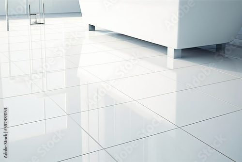 Wallpaper Mural White ceramic tiles in bathroom flooring. Photo generative AI