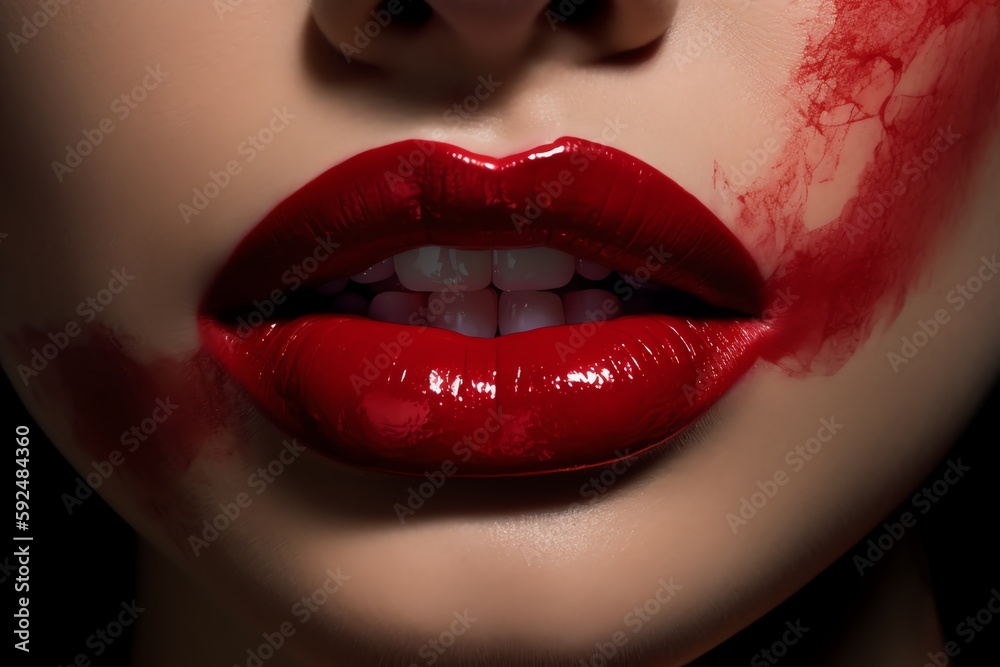 Obraz premium close up of lips with smudged red lipstick