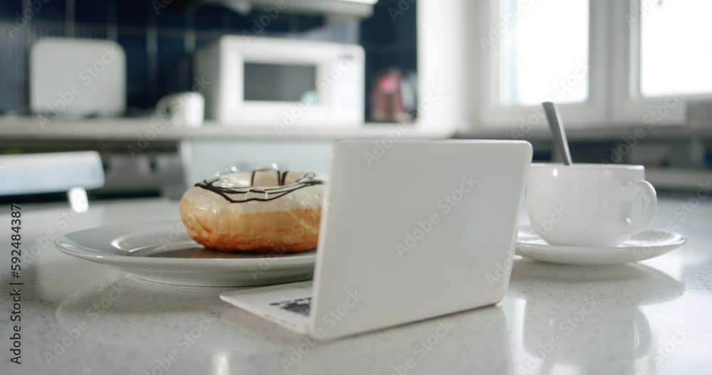Funny donut as live characters using laptop, amazed face, open mouth, fainted in surprise. Jaw dropping watching shock morning news content. Shock, surpise emotion concept. Funny shock concept Funny donut as live characters using laptop, amazed face, open mouth, fainted in surprise. Jaw dropping watching shock morning news content. Shock, surpise emotion concept. Funny shock concept
