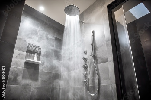 Hot steam shower in bathroom. Photo generative AI