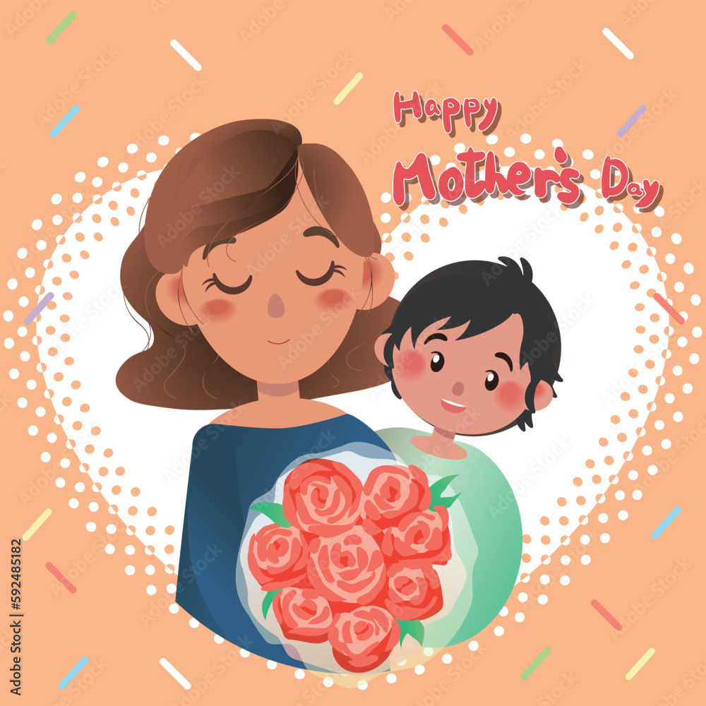 happy mother's day, mother and son holding bouquet happy mother's day, mother and son holding bouquet
