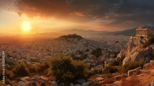 sunset over athen, greece created with Generative AI technology