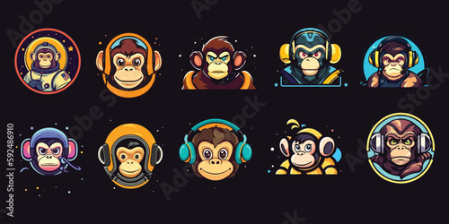 set of Space chimp illustration. Chimp astronaut vector