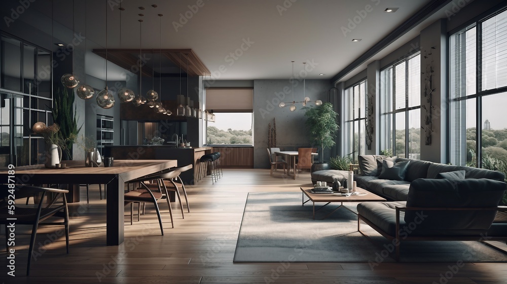Modern Luxury Apartment Interior Panorama 3D render Generative AI Modern Luxury Apartment Interior Panorama 3D render Generative AI