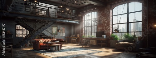Living room Loft In Industrial style 3D render, Generative AI