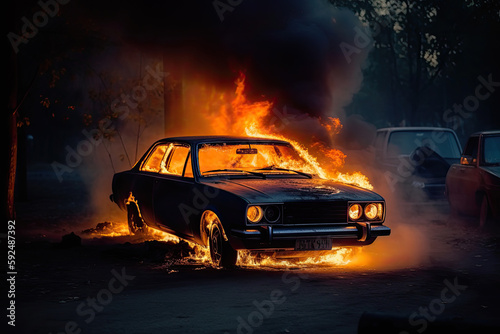car in fire created with Generative AI technology © Robert Herhold
