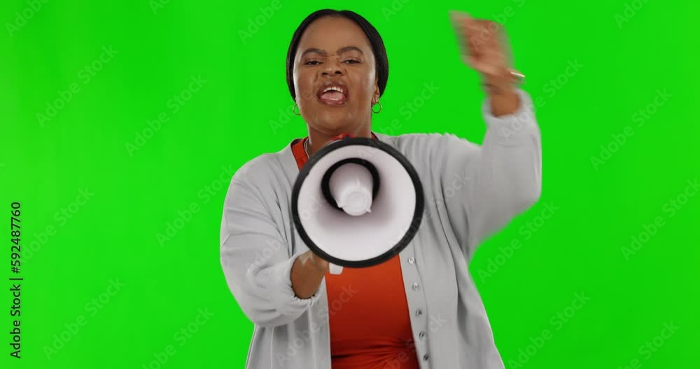 Face, green screen and black woman with megaphone, protest and human rights against a studio background. Portrait, female activist and protester with bullhorn, screaming and announcement for justice Face, green screen and black woman with megaphone, protest and human rights against a studio background. Portrait, female activist and protester with bullhorn, screaming and announcement for justice