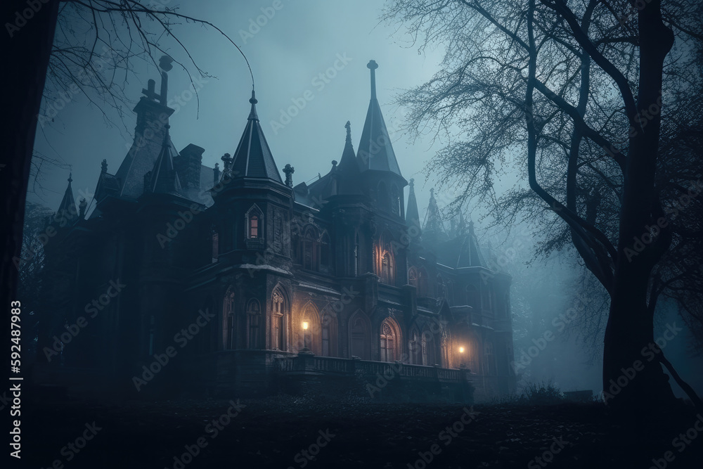 gothic church in the night created with Generative AI technology gothic church in the night created with Generative AI technology