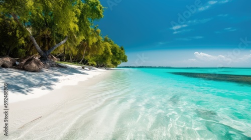 Panorama of a beautiful white sand beach and turquoise water  blue sky. Holiday summer beach background. Wave of the sea on the sand beach. generative ai