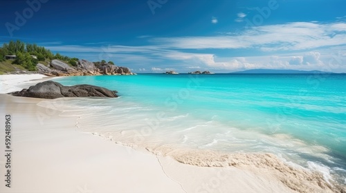 Panorama of a beautiful white sand beach and turquoise water  blue sky. Holiday summer beach background. Wave of the sea on the sand beach. generative ai