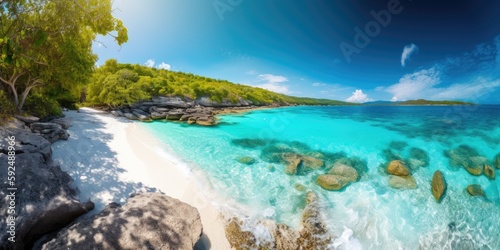 Panorama of a beautiful white sand beach and turquoise water, blue sky. Holiday summer beach background. Wave of the sea on the sand beach. generative ai