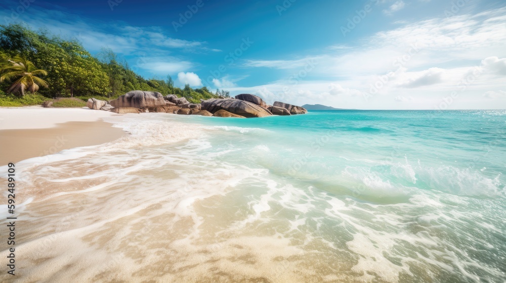 Panorama of a beautiful white sand beach and turquoise water, blue sky. Holiday summer beach background. Wave of the sea on the sand beach. generative ai