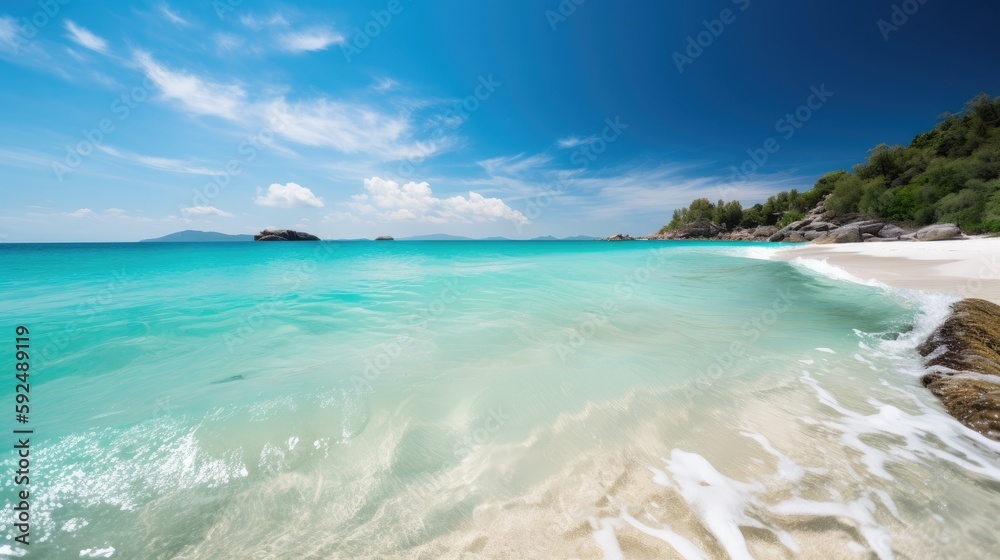 Panorama of a beautiful white sand beach and turquoise water, blue sky. Holiday summer beach background. Wave of the sea on the sand beach. generative ai