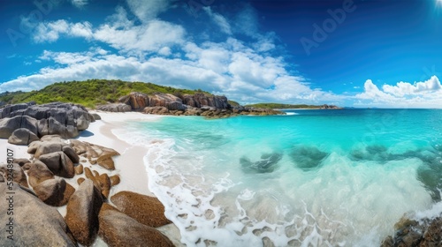 Panorama of a beautiful white sand beach and turquoise water, blue sky. Holiday summer beach background. Wave of the sea on the sand beach. generative ai