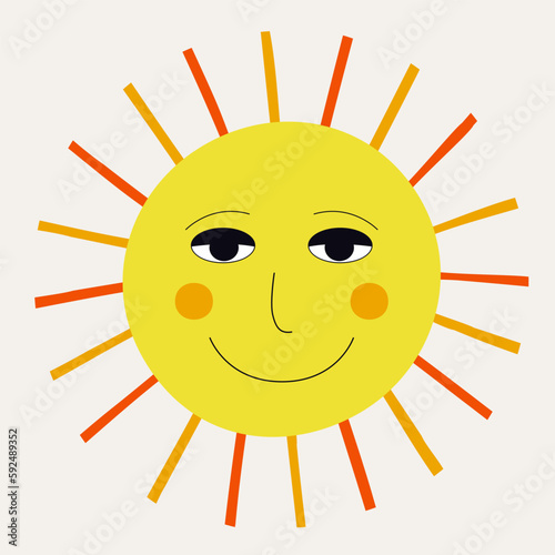 Smiling sun, abstract personage, mascot design, funny face, cute icon.