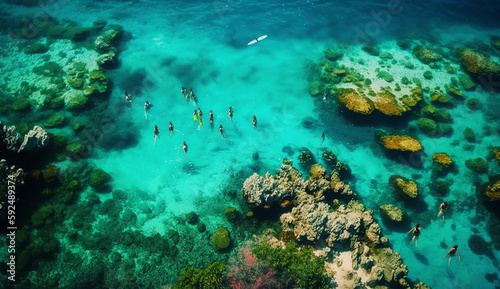 from far angle view  people snorkeling on coral reef tropical caribbean sea  Generative AI