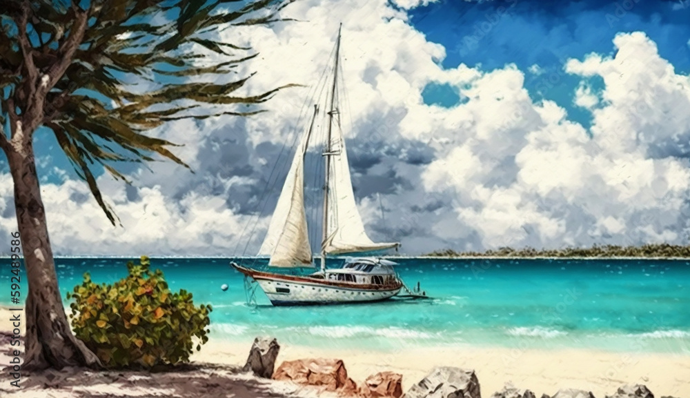 Scene with sailing boat at Varadero beach Generative AI