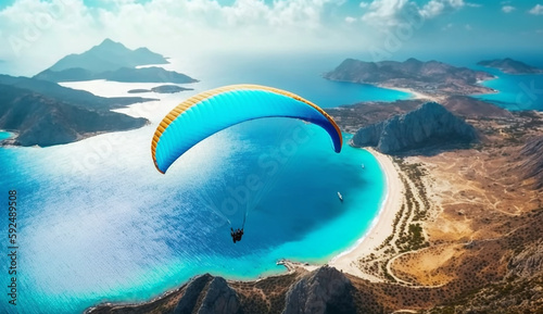 Paragliding in the sky. Paraglider tandem flying over the sea with blue water and mountains Generative AI