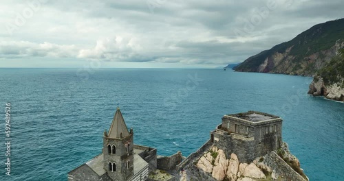 Aerial of Porto Venere Landmark San Pietro Church on Coast of Italy Cinque Terre La Spezia Europe