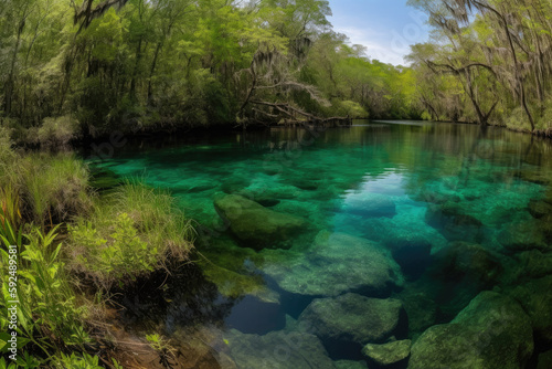 Florida spring-fed river panorama created with Generative AI technology