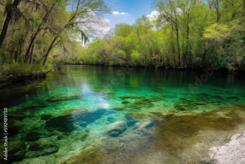 Florida spring-fed river panorama created with Generative AI technology