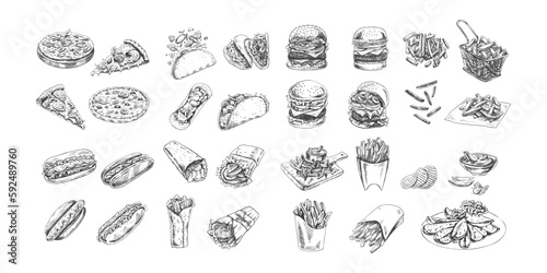 Hand-drawn sketch of burgers, potato french fries, chips,  potato slices, pizza, hot dogs, burritos, tacos set. Vintage illustration. Great for menu, poster or restaurant background.