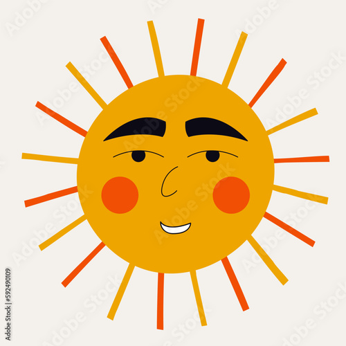 Smiling sun, abstract personage, mascot design, funny face, cute icon.